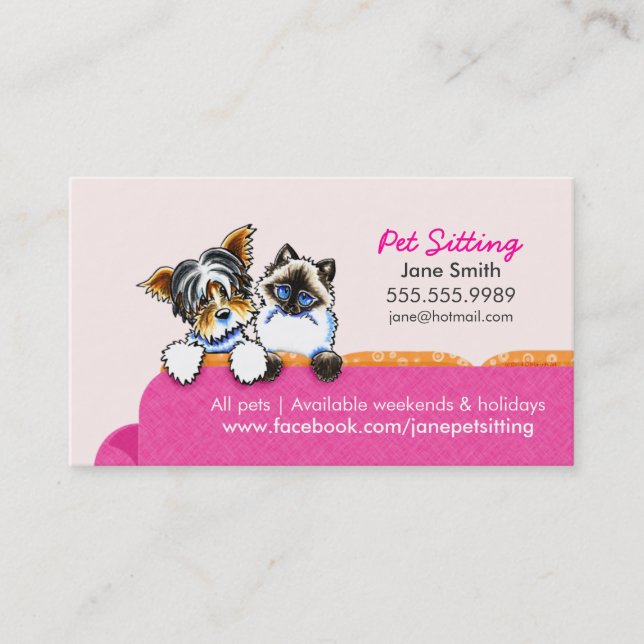 Pet Sitting Yorkie w/ Cat Couch Pink Business Card (Front)