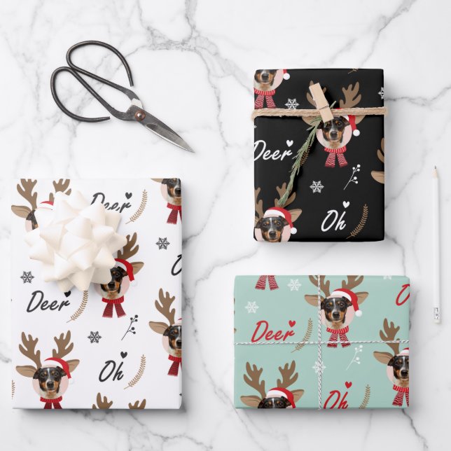 Pet Star | Custom Face Photo Reindeer Christmas Wrapping Paper Sheet (Front)