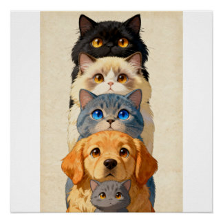 Pet Totem Stack Whimsical Cats and Golden Retrievr Poster