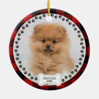 Pet Two Photo Christmas Red Plaid Personalised Ceramic Tree Decoration
