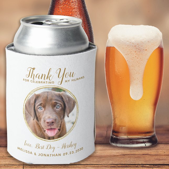 Pet Wedding Thank You Custom Photo Elegant Gold Can Cooler (Creator Uploaded)