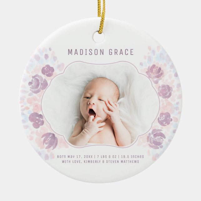 Petal Baby Girl Birth Announcement Custom Photo Ceramic Tree Decoration (Front)