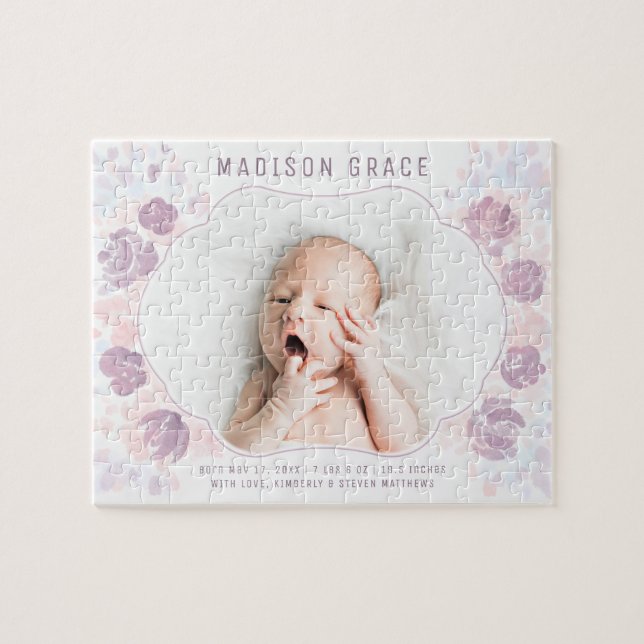 Petal Baby Girl Birth Announcement Custom Photo Jigsaw Puzzle (Horizontal)