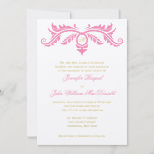 Petal Pink and Gold Scroll on Ivory Felt Paper Invitation