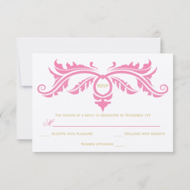 Petal Pink and Gold Scroll on Ivory RSVP Card (Front)