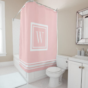 Petal Pink and White Classic Square Monogram Shower Curtain