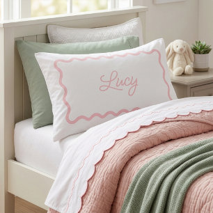 Petal Pink and White Wavy Scallop Frame Monogram Pillowcase