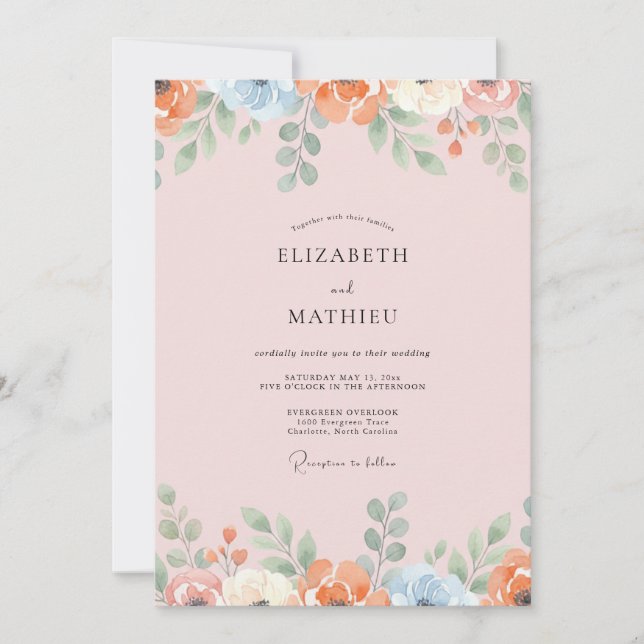 Petal Pink Apricot Leafy Wedding Invitation (Front)
