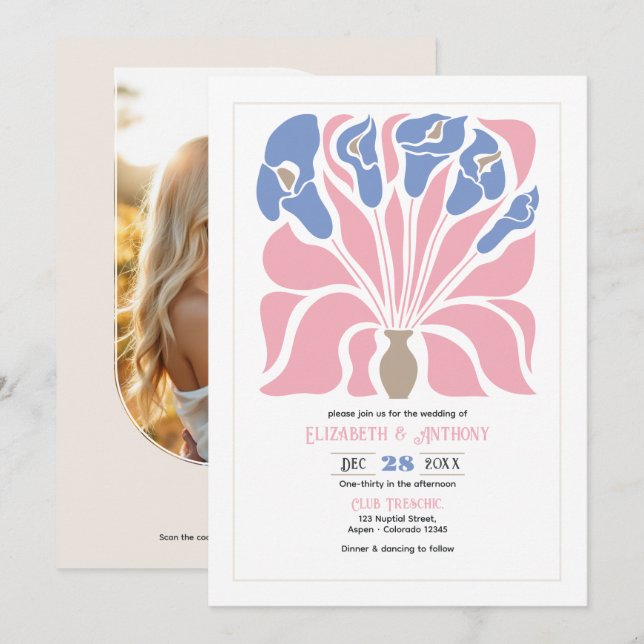 Petal Pink/Cornflower Abstract Floral Boho Wedding Invitation (Front/Back)