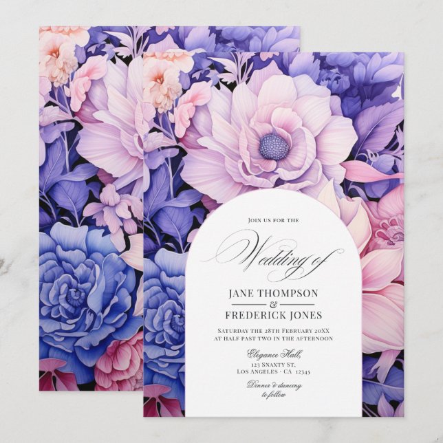 Petal Pink, Cornflower Blue & Mauve Floral Wedding Invitation (Front/Back)