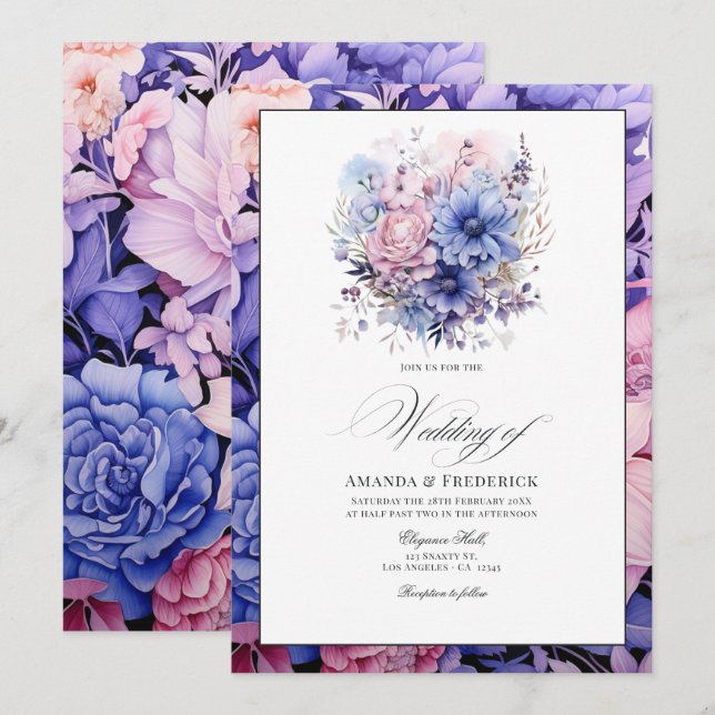 Petal Pink, Cornflower Blue & Mauve Floral Wedding Invitation (Front/Back)