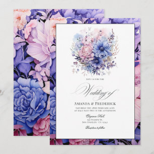 Petal Pink, Cornflower Blue & Mauve Floral Wedding Invitation