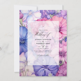 Petal Pink, Cornflower Blue & Mauve Floral Wedding Invitation