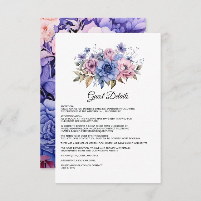 Petal Pink, Cornflower Blue & Mauve Guest Details Enclosure Card (Front/Back)