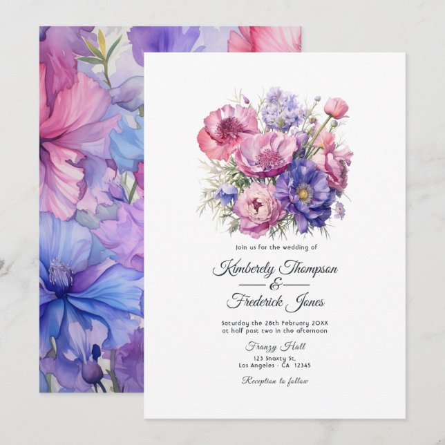 Petal Pink, Cornflower Blue & Mauve Purple Wedding Invitation (Front/Back)