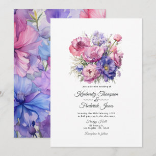 Petal Pink, Cornflower Blue & Mauve Purple Wedding Invitation