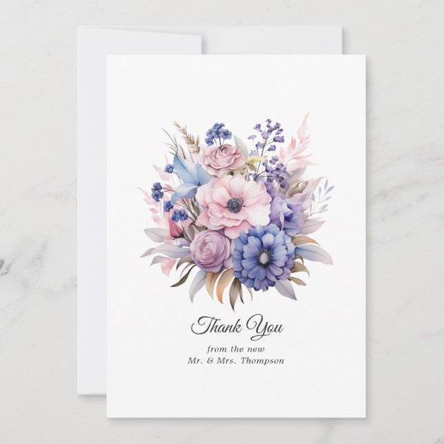 Petal Pink, Cornflower Blue & Mauve Purple Wedding Thank You Card (Front)