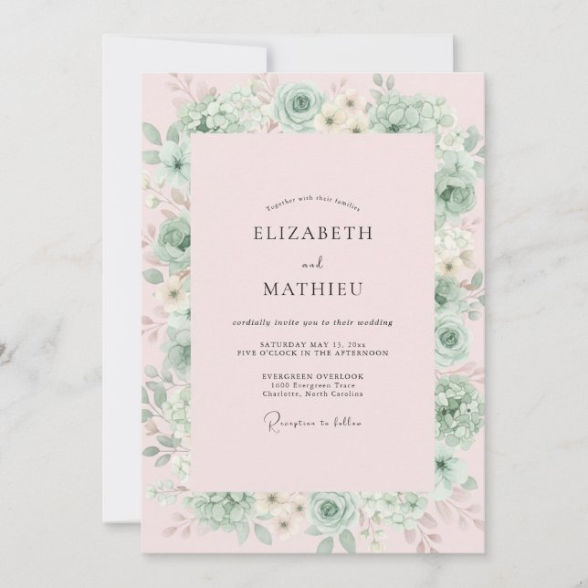 Petal Pink Mint Succulent Eucalyptus Wedding Invitation (Front)