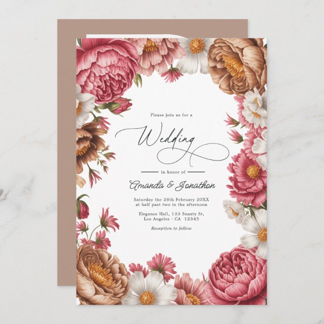 Petal Pink, Mocha Latte & Ivory Pearl Wedding Invitation (Front/Back)