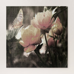 Petal Pink Rose And Butterfly Jigsaw Puzzle
