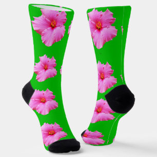 "Petal Serenity: Pink Hibiscus on a Green Canvas Socks