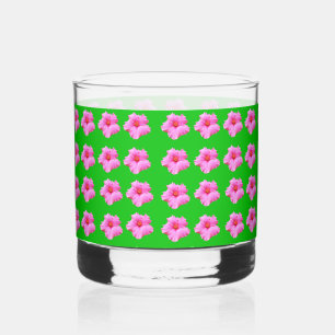 "Petal Serenity: Pink Hibiscus on a Green Canvas Whiskey Glass