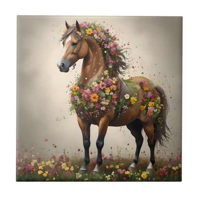 Petals And Hooves:  Brown Horse Fantasy Garden,  Tile (Front)