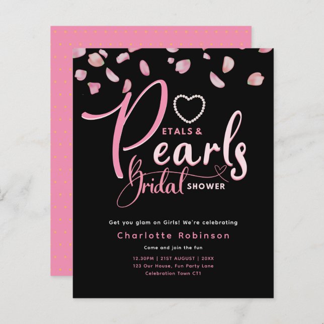 PETALS AND PEARLS Pink Black Chic Bridal Shower (Front/Back)
