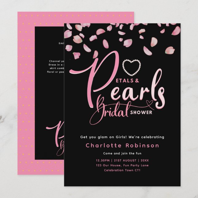PETALS AND PEARLS Pink Black Chic Bridal Shower Invitation (Front/Back)
