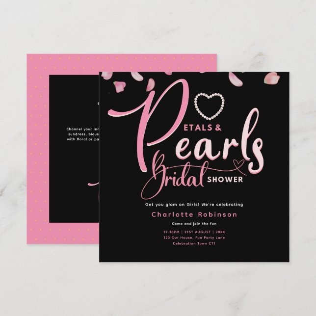 PETALS AND PEARLS Pink Black Chic Bridal Shower Invitation (Front/Back)
