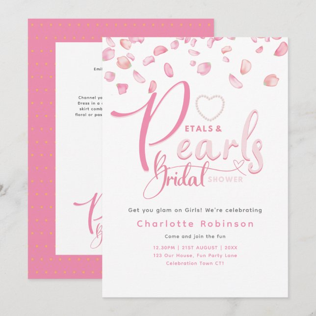 PETALS AND PEARLS Pink Glam Chic Bridal Shower Invitation (Front/Back)
