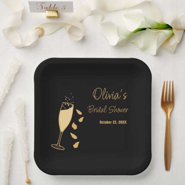 Petals and Prosecco Black gold Bridal Shower Paper Plate (Wedding)