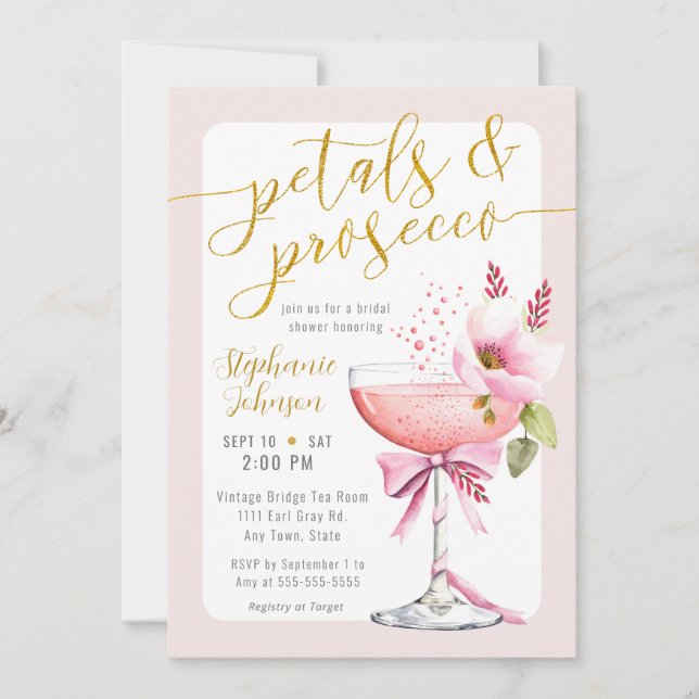 Petals and Prosecco Blush Pink Flower Shower  Invitation (Front)