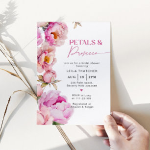 Petals and prosecco bright pink bridal shower invitation