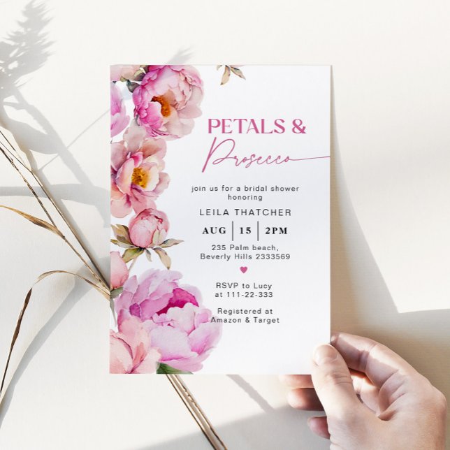 Petals and prosecco bright pink bridal shower invitation (Creator Uploaded)