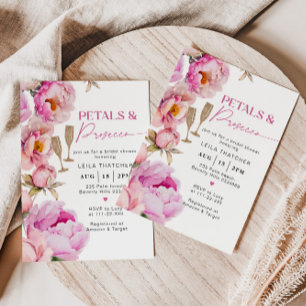 Petals and prosecco bright pink bridal shower invitation