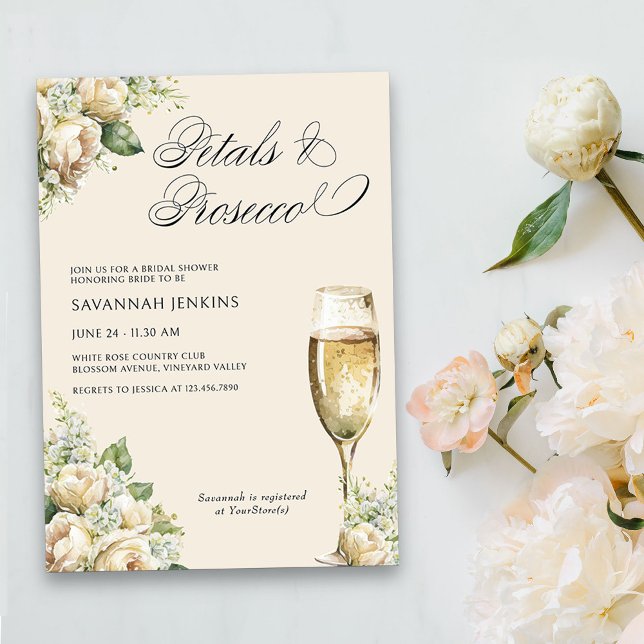 Petals and Prosecco Cream Roses Bridal Shower Invitation (Petals & Prosecco Floral Bridal Shower invitation on cream)