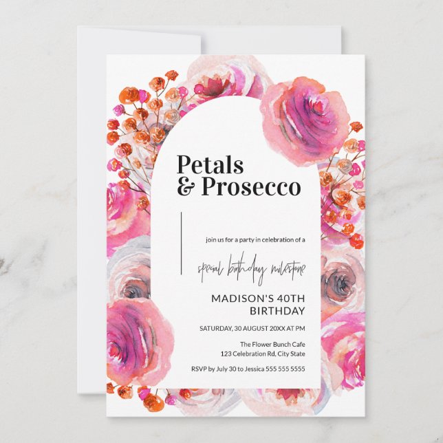 Petals and Prosecco | Elegant 40th Birthday Invitation (Front)