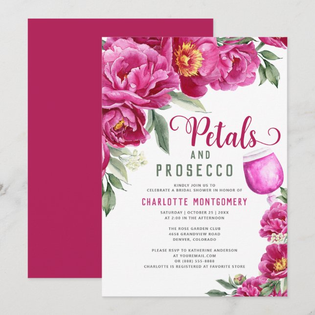 Petals And Prosecco Elegant Floral Bridal Shower Invitation (Front/Back)