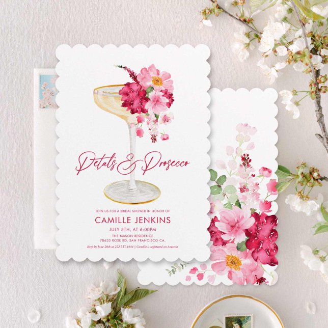 Petals and Prosecco Garden Bridal Invitation (Petals and Prosecco Pink and Burgundy Floral Bridal Shower Invitation)