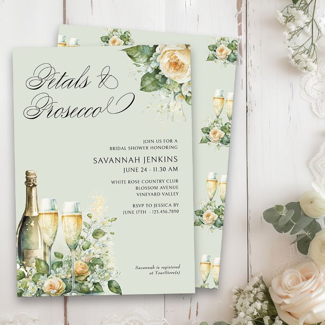 Petals and Prosecco Peach Roses Bridal Shower Invitation (Petals & Prosecco Floral Bridal Shower invitation on sage green)