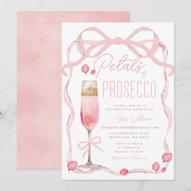 Petals and Prosecco Pink Bow Bridal Shower  Invitation (Front/Back)