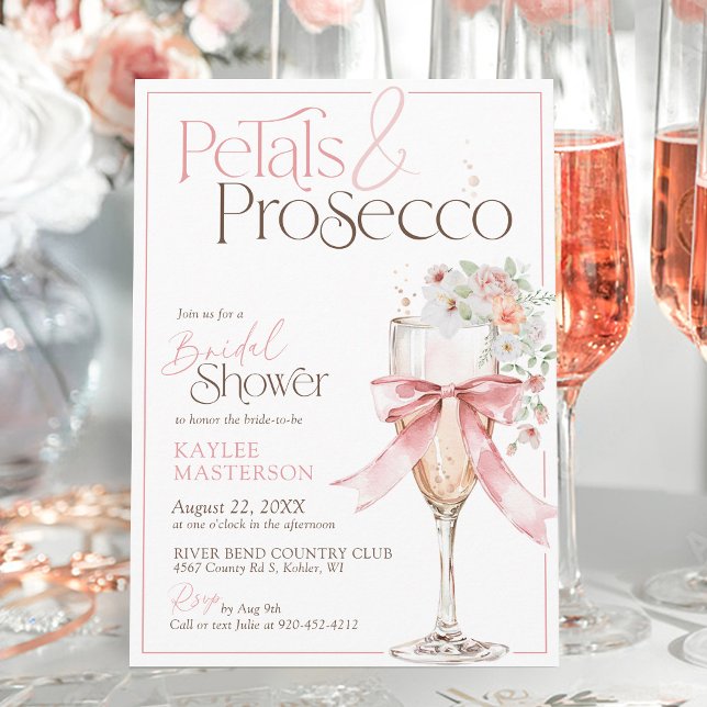 Petals and Prosecco Pink Floral Bridal Shower Invitation (Petals and Prosecco Watercolor floral champagne pink coquette bow elegant bridal shower invitation)
