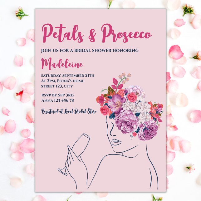 Petals And Prosecco Pink Floral Bridal Shower Invitation (petals and prosecco bridal showerinvitation blush floral wreath woman silhouette)