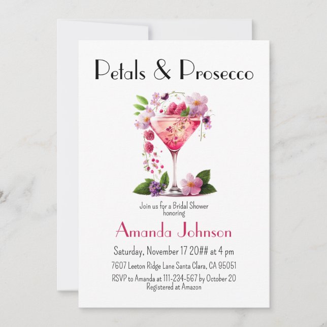 Petals and Prosecco Pink Floral Bridal Shower Invitation (Front)