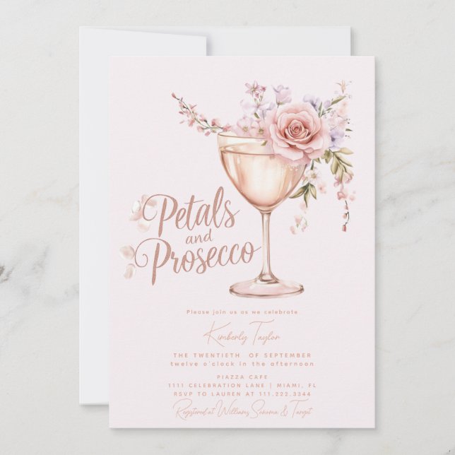 Petals And Prosecco Pink Rose Bridal Shower Invitation (Front)