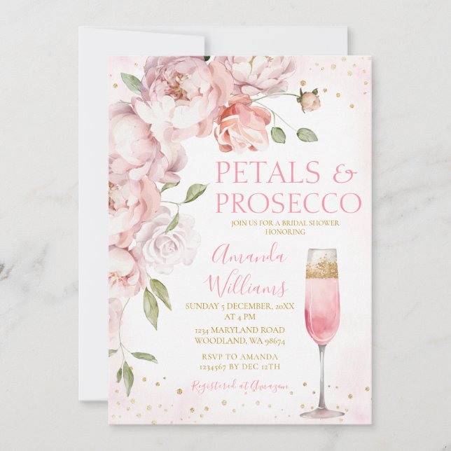 Petals and Prosecco Pink Wine Floral Bridal Shower Invitation (Front)