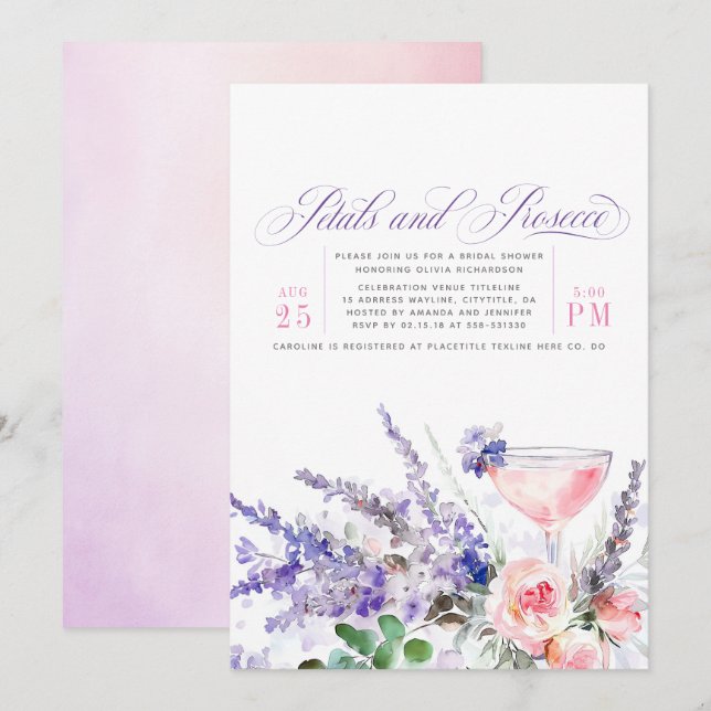 Petals and Prosecco Purple Floral Bridal Shower Invitation (Front/Back)
