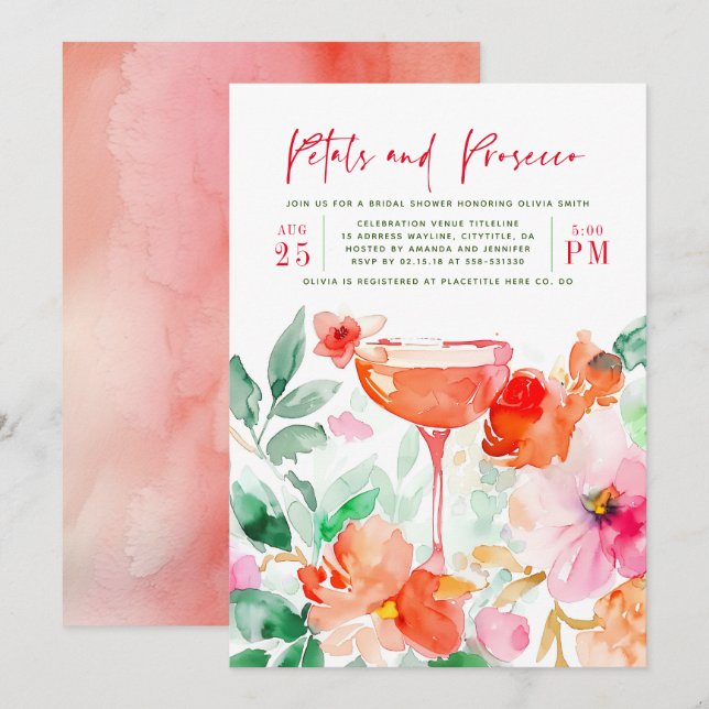 Petals and Prosecco Red Pink Floral Bridal Shower Invitation (Front/Back)