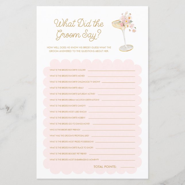 Petals and Prosecco What did the Groom Bridal Game (Front)